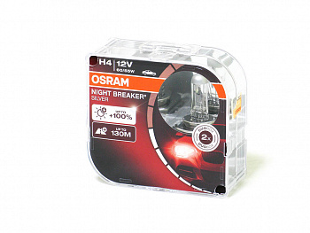 14236 Лампа OSRAM 12V H4 (60/55) P43t+100% NIGHT BREAKER SILVER (евробокс, 2шт)          