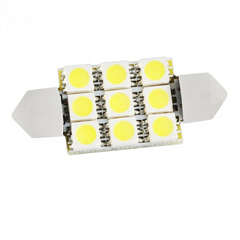 00491 Лампа светодиодная 11-39 (SV8,5) 9 SMD 5050 диода, белая, салонная 12v(мин.заказ 10шт)